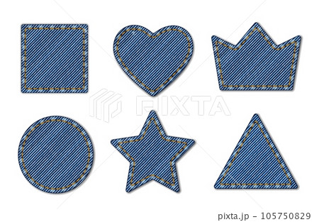 Denim texture shape, jeans patches of blue fabric with stitch, vector textile cloth labels. Denim jeans patches in square, heart, star or crown shape, round or triangle pocket frame with yellow thread Denim texture shape, jeans patches of blue fabric with stitch, vector textile cloth labels. Denim jeans patches in square, heart, star or crown shape, round or triangle pocket frame with yellow thread 105750829