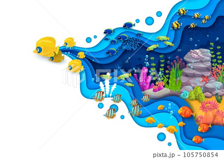 Cartoon fish shoals on sea paper cut underwater landscape. Bright tropical fish school, seaweeds and corals on ocean bottom. 3d vector colorful beauty and diversity of life beneath the ocean surface Cartoon fish shoals on sea paper cut underwater landscape. Bright tropical fish school, seaweeds and corals on ocean bottom. 3d vector colorful beauty and diversity of life beneath the ocean surface 105750854