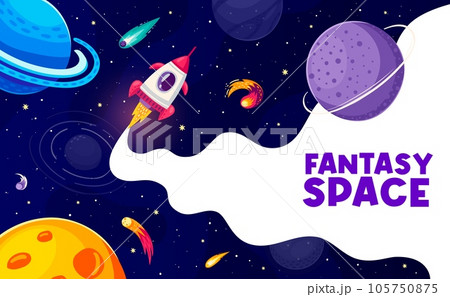 Space poster. Cartoon rocket, space planets, asteroids and comets on starry galaxy landscape vector background. Spaceship flying to fantasy universe, astronomy science, galaxy adventure and travel Space poster. Cartoon rocket, space planets, asteroids and comets on starry galaxy landscape vector background. Spaceship flying to fantasy universe, astronomy science, galaxy adventure and travel 105750875