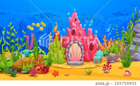 Cartoon coral reef house and underwater sea landscape. Vector fantasy background with mermaid home building. Fairytale dwelling in reef with shell door, chair and seaweeds at front yard on sea bottom 105750933