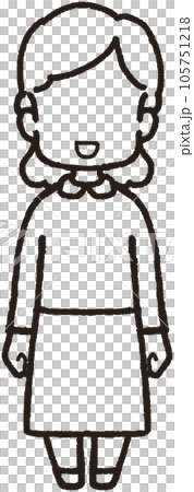 一個面向前方微笑的懶惰女人的全身線條畫插圖 一個面向前方微笑的懶惰女人的全身線條畫插圖 105751218