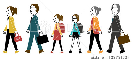 歩く家族（長袖）のスーツで通勤、ランドセルで通学（活発な女性とメガネ男性） 105751282