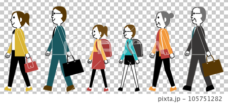 歩く家族（長袖）のスーツで通勤、ランドセルで通学（活発な女性とメガネ男性） 105751282