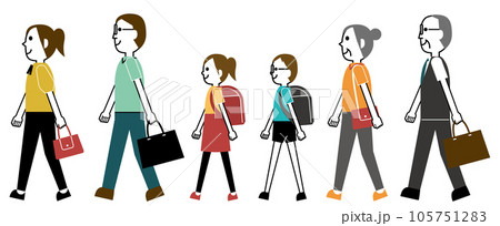 歩く家族(半袖)のクールビズで通勤、ランドセルで通学(活発な女性とメガネ男性) 歩く家族(半袖)のクールビズで通勤、ランドセルで通学(活発な女性とメガネ男性) 105751283