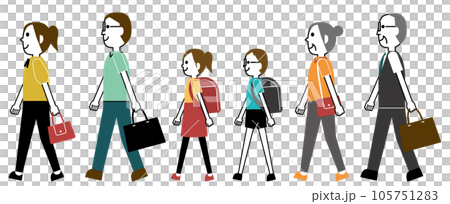 歩く家族(半袖)のクールビズで通勤、ランドセルで通学(活発な女性とメガネ男性) 歩く家族(半袖)のクールビズで通勤、ランドセルで通学(活発な女性とメガネ男性) 105751283