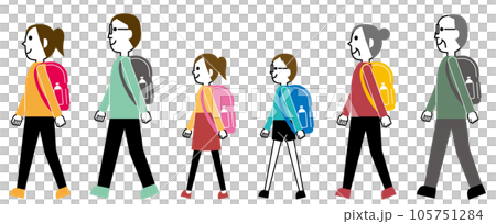 歩く家族（長袖）のリュックサックでハイキング／散歩（活発な女性とメガネ男性） 105751284