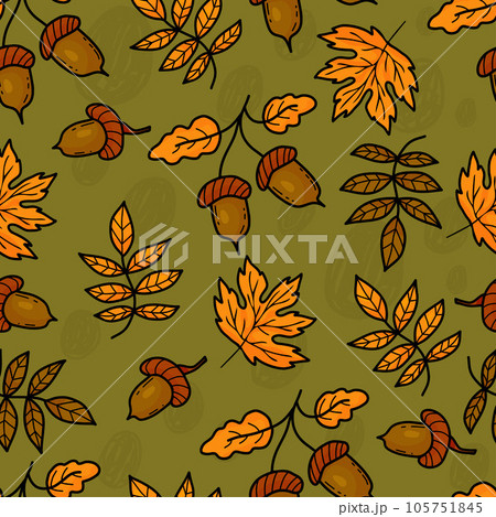 Forest autumn seamless pattern. Acorns with colorful autumn leaves on green background. Vector illustration Colorful autumnal background for design, packaging, wallpaper and textile 105751845