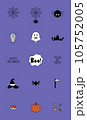 Cartoon Halloween icon set vector. pumpkin, ghost, bat, graves, spider, coffin, Boo, bat, cake, candy, witch hat and trick or treat in purple background. Vector illustration. Cartoon Halloween icon set vector. pumpkin, ghost, bat, graves, spider, coffin, Boo, bat, cake, candy, witch hat and trick or treat in purple background. Vector illustration. 105752005