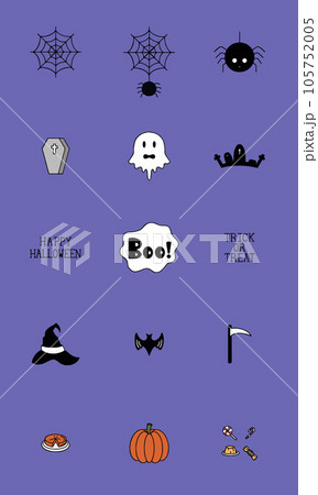 Cartoon Halloween icon set vector. pumpkin, ghost, bat, graves, spider, coffin, Boo, bat, cake, candy, witch hat and trick or treat in purple background. Vector illustration. Cartoon Halloween icon set vector. pumpkin, ghost, bat, graves, spider, coffin, Boo, bat, cake, candy, witch hat and trick or treat in purple background. Vector illustration. 105752005