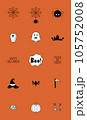 Cartoon Halloween icon set vector. pumpkin, ghost, bat, graves, spider, coffin, Boo, bat, cake, candy, witch hat and trick or treat in orange background. Vector illustration. Cartoon Halloween icon set vector. pumpkin, ghost, bat, graves, spider, coffin, Boo, bat, cake, candy, witch hat and trick or treat in orange background. Vector illustration. 105752008
