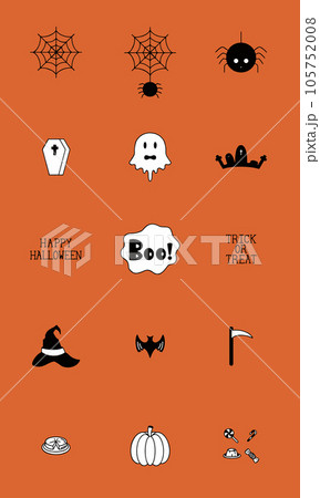 Cartoon Halloween icon set vector. pumpkin, ghost, bat, graves, spider, coffin, Boo, bat, cake, candy, witch hat and trick or treat in orange background. Vector illustration. 105752008