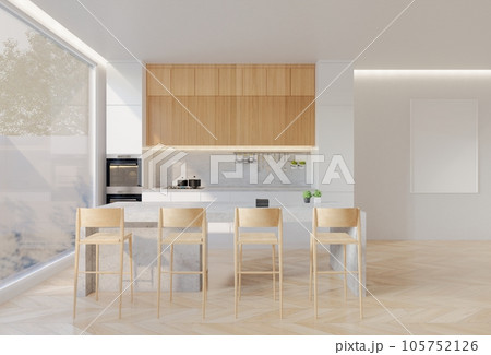 Animated Minimal wooden kitchen and dining table. 3D illustration rendering Animated Minimal wooden kitchen and dining table. 3D illustration rendering 105752126