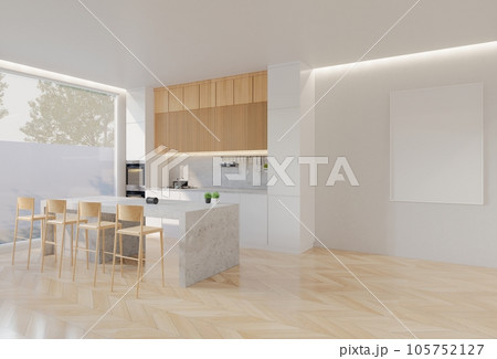 Animated Minimal wooden kitchen and dining table. 3D illustration rendering Animated Minimal wooden kitchen and dining table. 3D illustration rendering 105752127