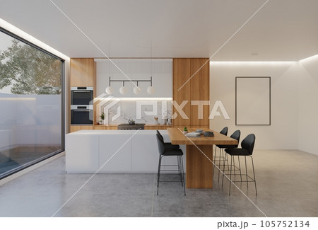 Animated Minimal wooden kitchen and dining table. 3D illustration rendering 105752134