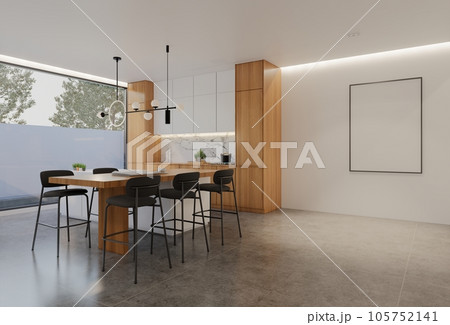 Animated Minimal wooden kitchen and dining table. 3D illustration rendering 105752141