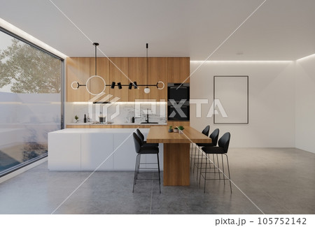 Animated Minimal wooden kitchen and dining table. 3D illustration rendering Animated Minimal wooden kitchen and dining table. 3D illustration rendering 105752142