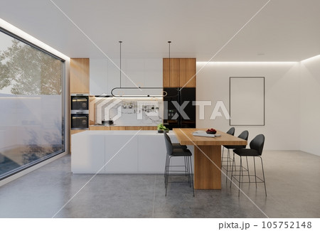 Animated Minimal wooden kitchen and dining table. 3D illustration rendering Animated Minimal wooden kitchen and dining table. 3D illustration rendering 105752148