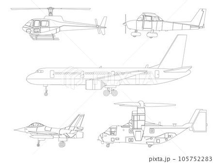 さまざまな種類の飛行機の線画 105752283