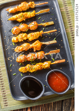 Yakitori Charcoal grilled chicken skewers assortment closeup on the plate on the table. Vertical top view 105752524