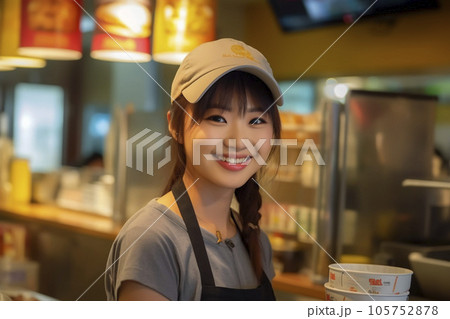 ファーストフード店で働く日本人の女性「AI生成画像」 105752878
