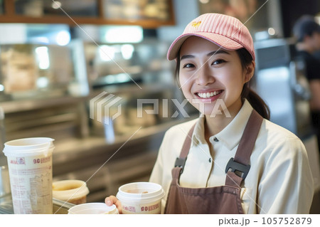 ファーストフード店で働く日本人の女性「AI生成画像」 105752879
