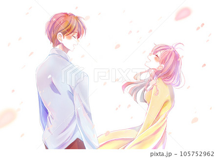 向かい合って笑う男女 桜吹雪 向かい合って笑う男女 桜吹雪 105752962