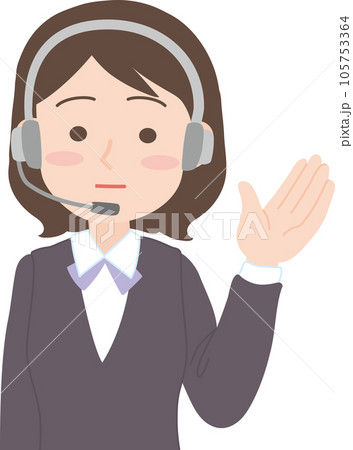 コールセンターのお仕事_ヘッドセットマイクをつけた女性_スーツ姿_真顔 105753364
