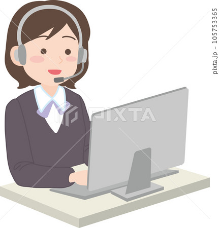 コールセンターのお仕事_ヘッドセットマイクをつけた女性_スーツ姿_パソコンあり 105753365
