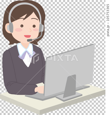 コールセンターのお仕事_ヘッドセットマイクをつけた女性_スーツ姿_パソコンあり 105753365