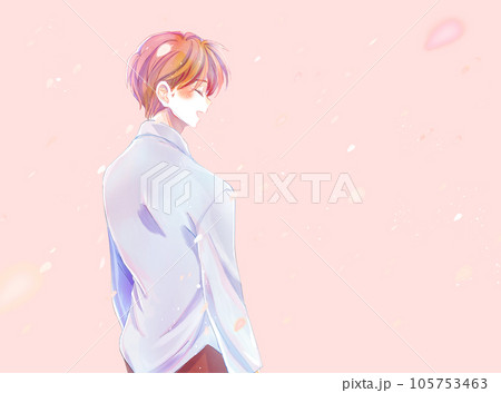 幸せそうに笑う男性　桜吹雪　横長 105753463