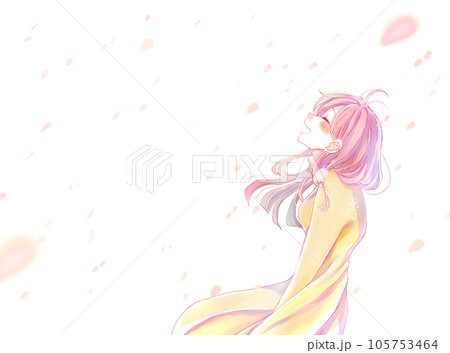 幸せそうに笑う女性　桜吹雪　横長 105753464