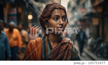 Street Portrait of traditional person with blurry background of a street and a crowd of people in urban. AI Generative. 105753477
