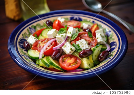 Greek salad with feta cheese and olive oil on plate. Greek healthy food Greek salad with feta cheese and olive oil on plate. Greek healthy food 105753996