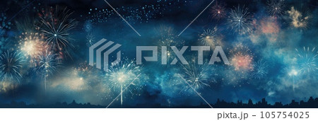 Fireworks on dark blue night sky. 2024 New year Eve Party, banner panorama long Fireworks on dark blue night sky. 2024 New year Eve Party, banner panorama long 105754025