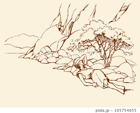 An exhausted person lies on the ground. Vector drawing An exhausted person lies on the ground. Vector drawing 105754855
