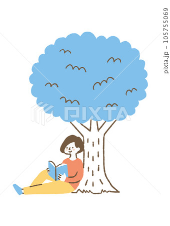 木に寄りかかって読書をしている女性_色 木に寄りかかって読書をしている女性_色 105755069