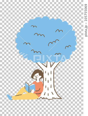 木に寄りかかって読書をしている女性_色 木に寄りかかって読書をしている女性_色 105755069