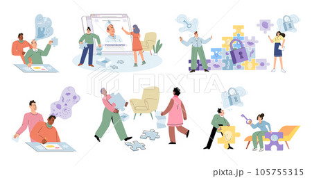 People during mental therapy sessions with psychotherapists or psychologists practicing different psychotherapy approaches. Psychotherapist has Individual session patient and sees positive results 105755315