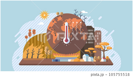 Fire in the forest near city. Climate change cycle dried or dry cracked land. Earth with thermometer. Air pollution from factories and CO2 emissions. Saving the planet, World Environment Day 105755518