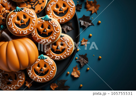 Halloween cookies and candy on table with bokeh background. Halloween cookies and candy on table with bokeh background. 105755531