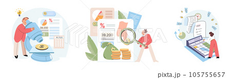 Concept of finance accounting. Young man and woman count expenses and income of company, corporate investments. Set of employees analyzing business budget. Married couple plans monthly spending 105755657