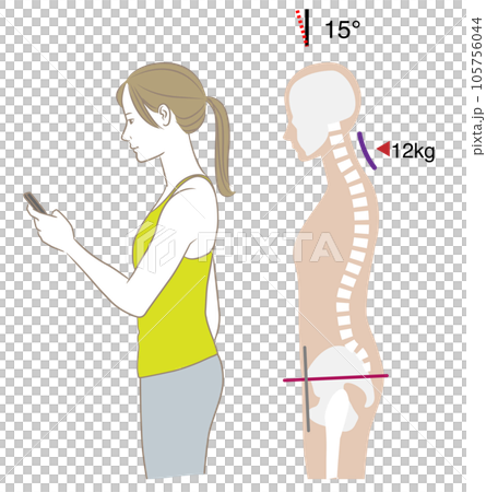 スマートフォンを見る首の角度と負荷、傾き15度 105756044