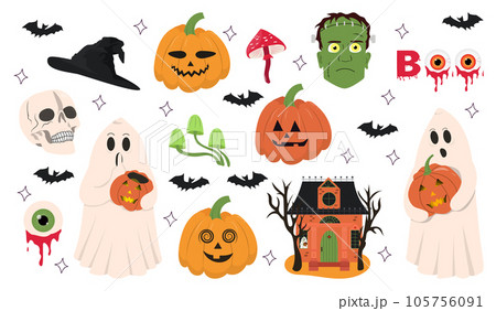 Halloween set of elements: ghost, pumpkin, frankenstein, skull and bat. Halloween set of elements: ghost, pumpkin, frankenstein, skull and bat. 105756091
