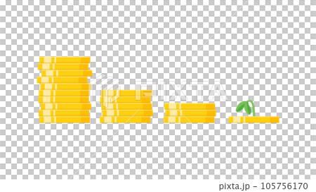 減少堆積的硬幣和枯萎的花蕾 - 用於減少金錢、損失和收入的形象的材料 105756170