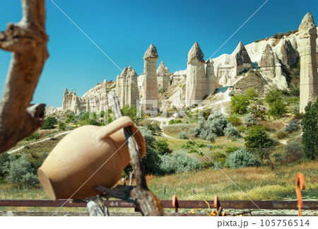 Unique geological formations in Love Valley in Cappadocia. Popular touristic area in Turkey 105756514