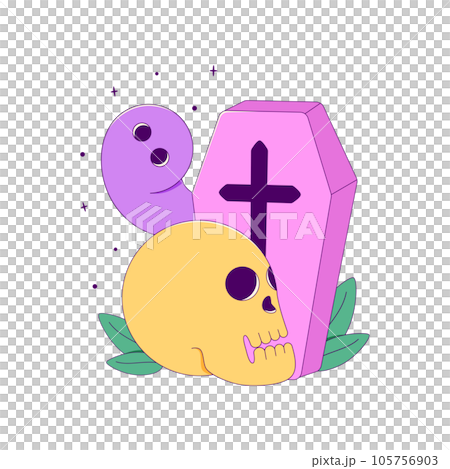 Lined Detailed Halloween Coffin with Skull and Ghost 105756903