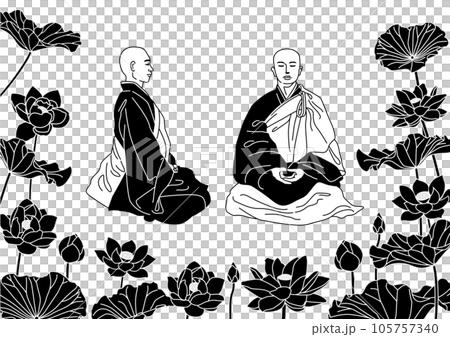 Monochrome illustration of the front side of a monk sitting in meditation Monochrome illustration of the front side of a monk sitting in meditation 105757340