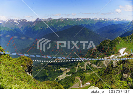 rope suspension bridge in caucasus mountains, Russia, Rosa Khutor resort 105757437