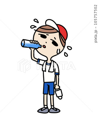 炎天下での体育授業で水分補給をしている学生 105757502