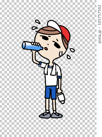 炎天下での体育授業で水分補給をしている学生 105757502